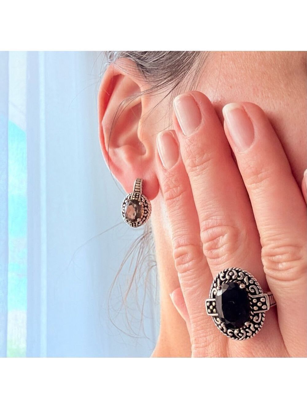 Smoky Topaz 2 Tone Sterling Silver Dotted Filigree CJ JC Designer Stud E… - Picture 6 of 9